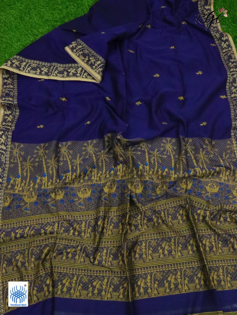 Navy Blue Worli Tribal Handloom Khadi Cotton Jamdani Saree - Image 4