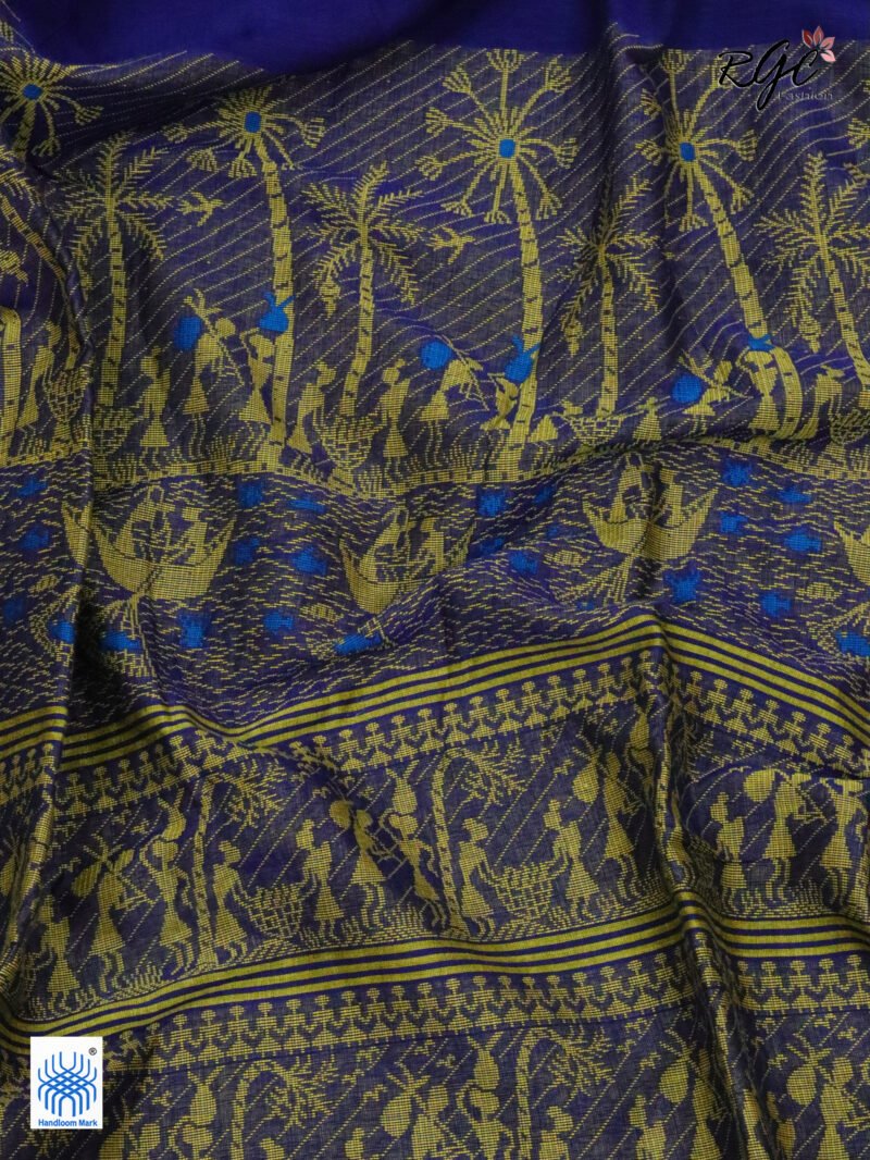 Navy Blue Worli Tribal Handloom Khadi Cotton Jamdani Saree - Image 5
