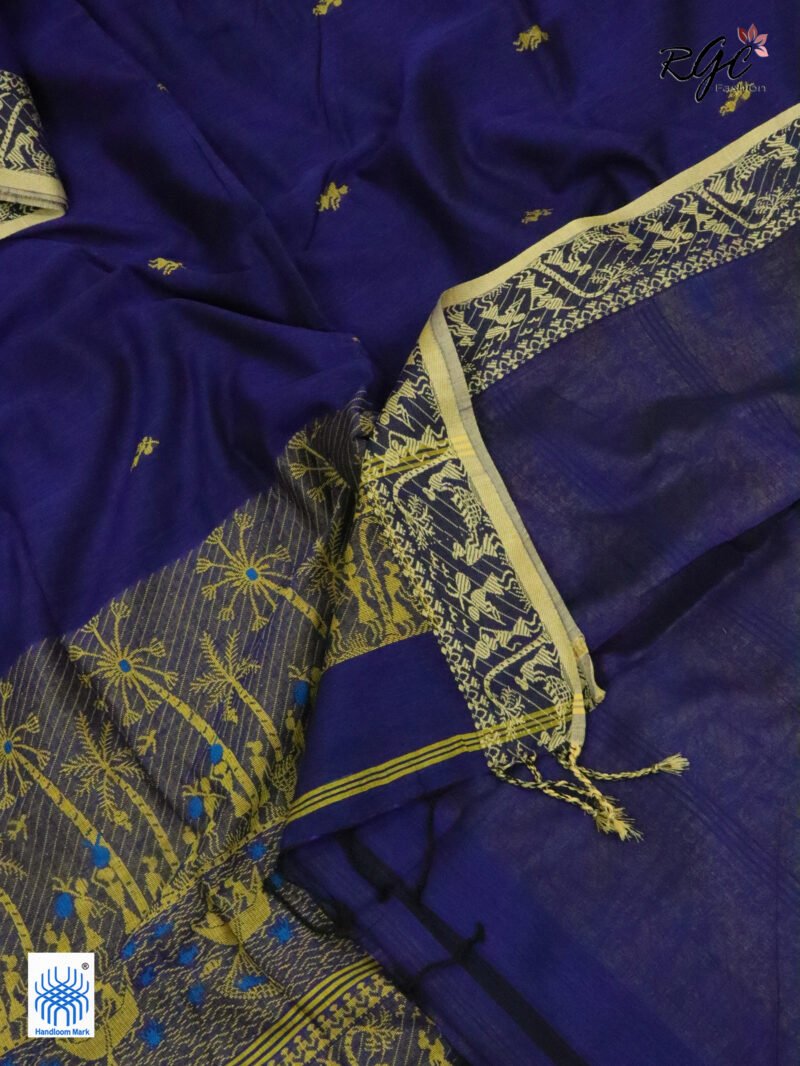 Navy Blue Worli Tribal Handloom Khadi Cotton Jamdani Saree - Image 6