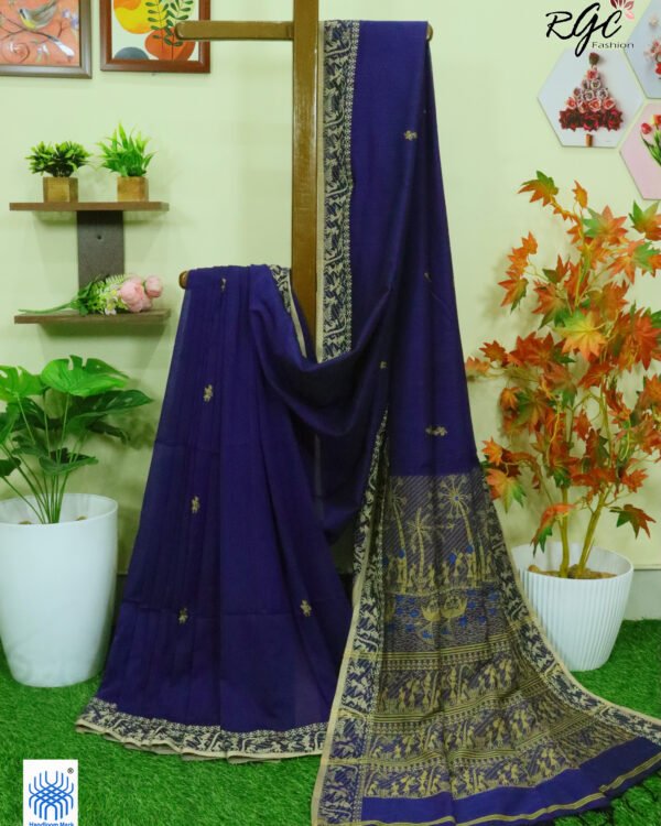 Navy Blue Worli Tribal Handloom Khadi Cotton Jamdani Saree