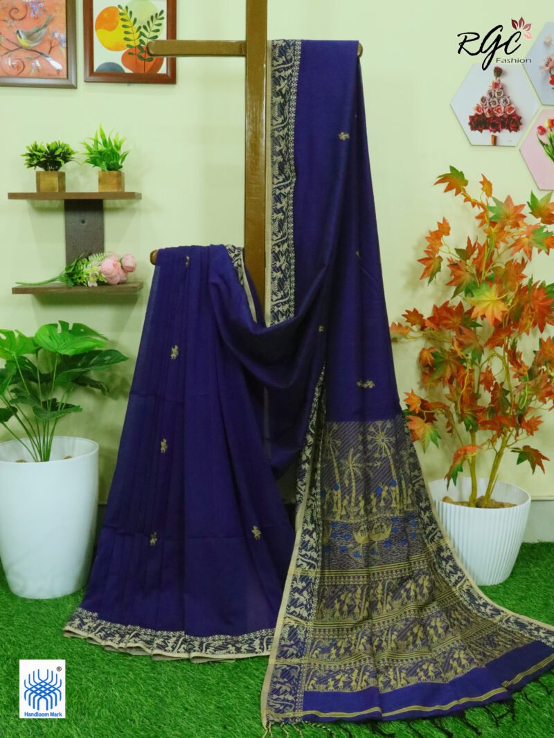 Navy Blue Worli Tribal Handloom Khadi Cotton Jamdani Saree