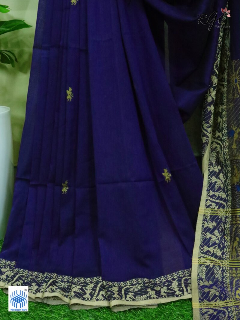 Navy Blue Worli Tribal Handloom Khadi Cotton Jamdani Saree - Image 7