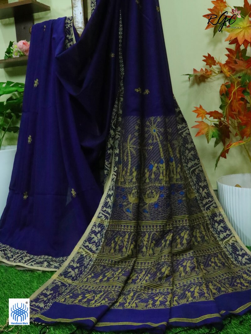 Navy Blue Worli Tribal Handloom Khadi Cotton Jamdani Saree - Image 8