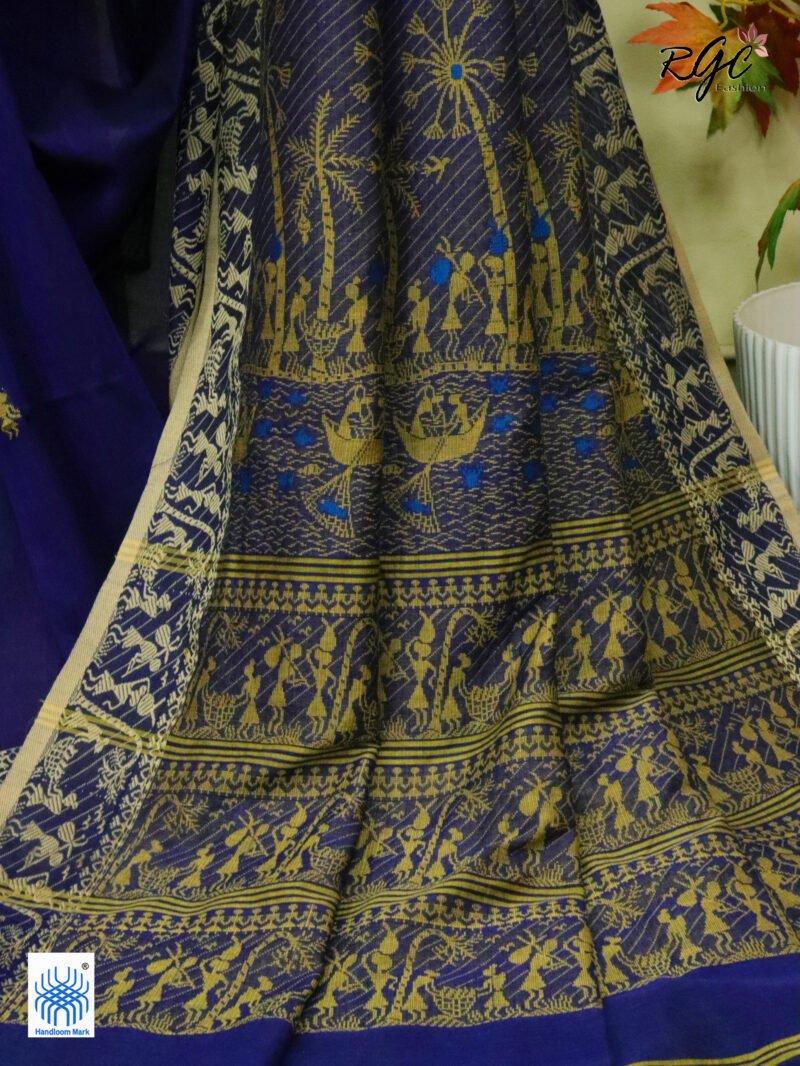 Navy Blue Worli Tribal Handloom Khadi Cotton Jamdani Saree - Image 9