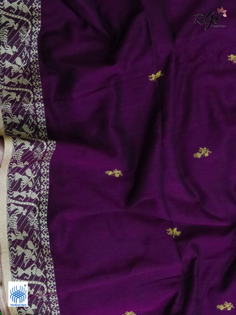 Wine Worli Tribal Handloom Khadi Cotton Jamdani Saree - Image 2