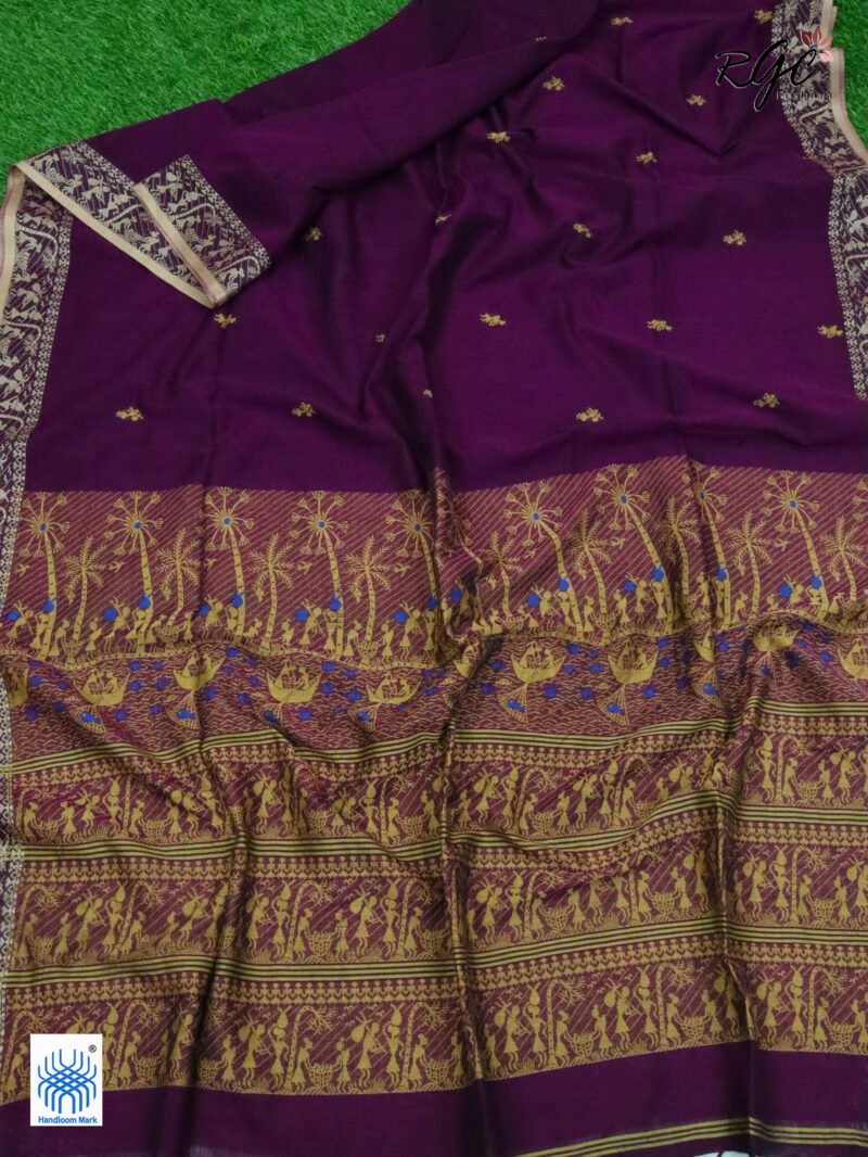 Wine Worli Tribal Handloom Khadi Cotton Jamdani Saree - Image 3
