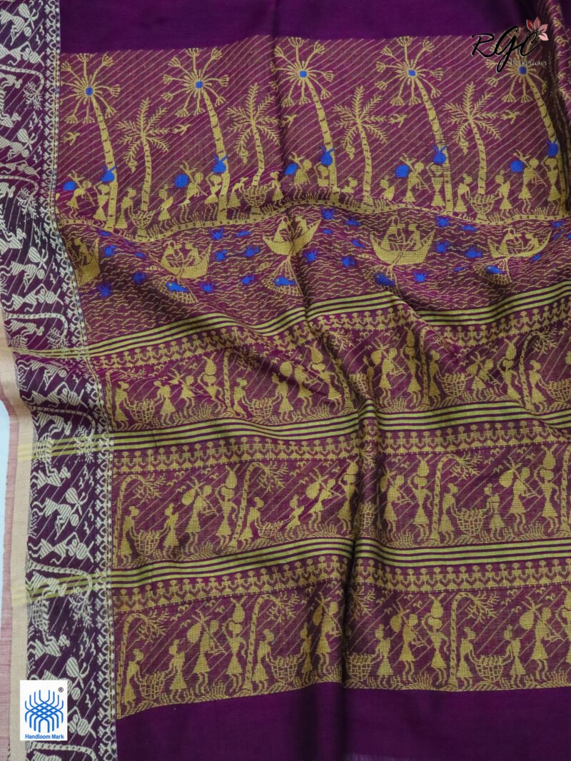 Wine Worli Tribal Handloom Khadi Cotton Jamdani Saree - Image 4