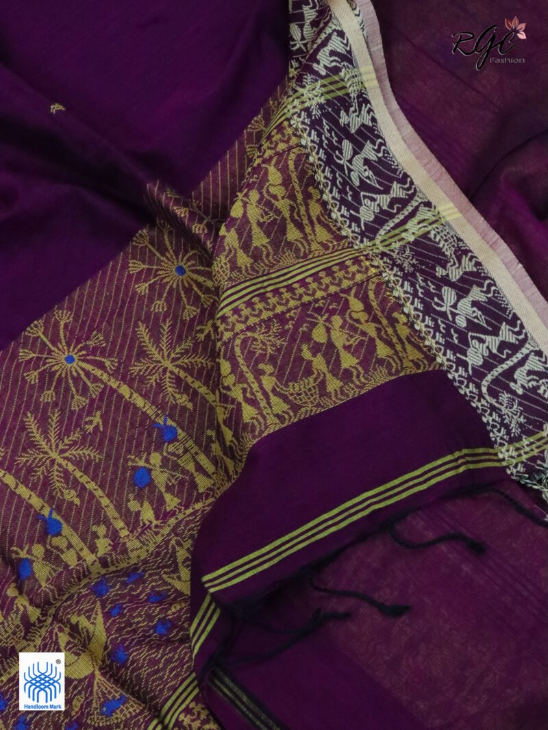 Wine Worli Tribal Handloom Khadi Cotton Jamdani Saree - Image 5