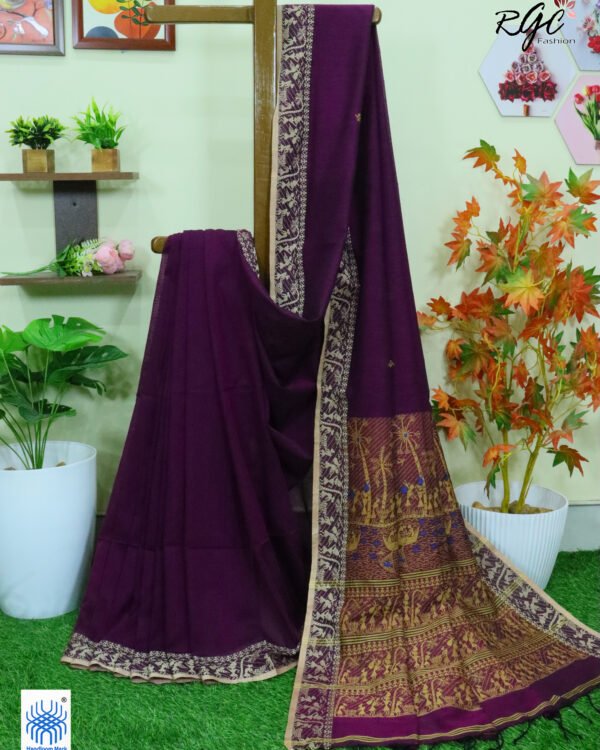 Wine Worli Tribal Handloom Khadi Cotton Jamdani Saree
