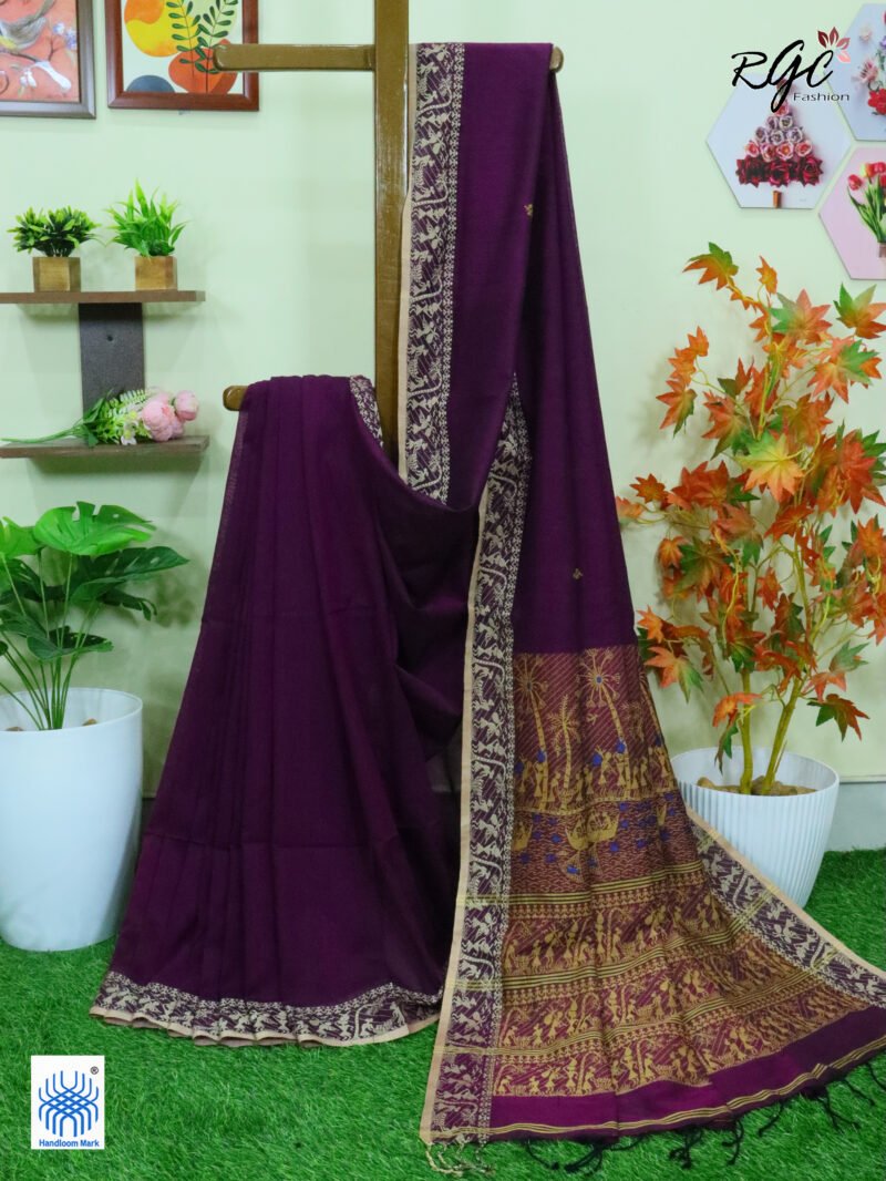 Wine Worli Tribal Handloom Khadi Cotton Jamdani Saree