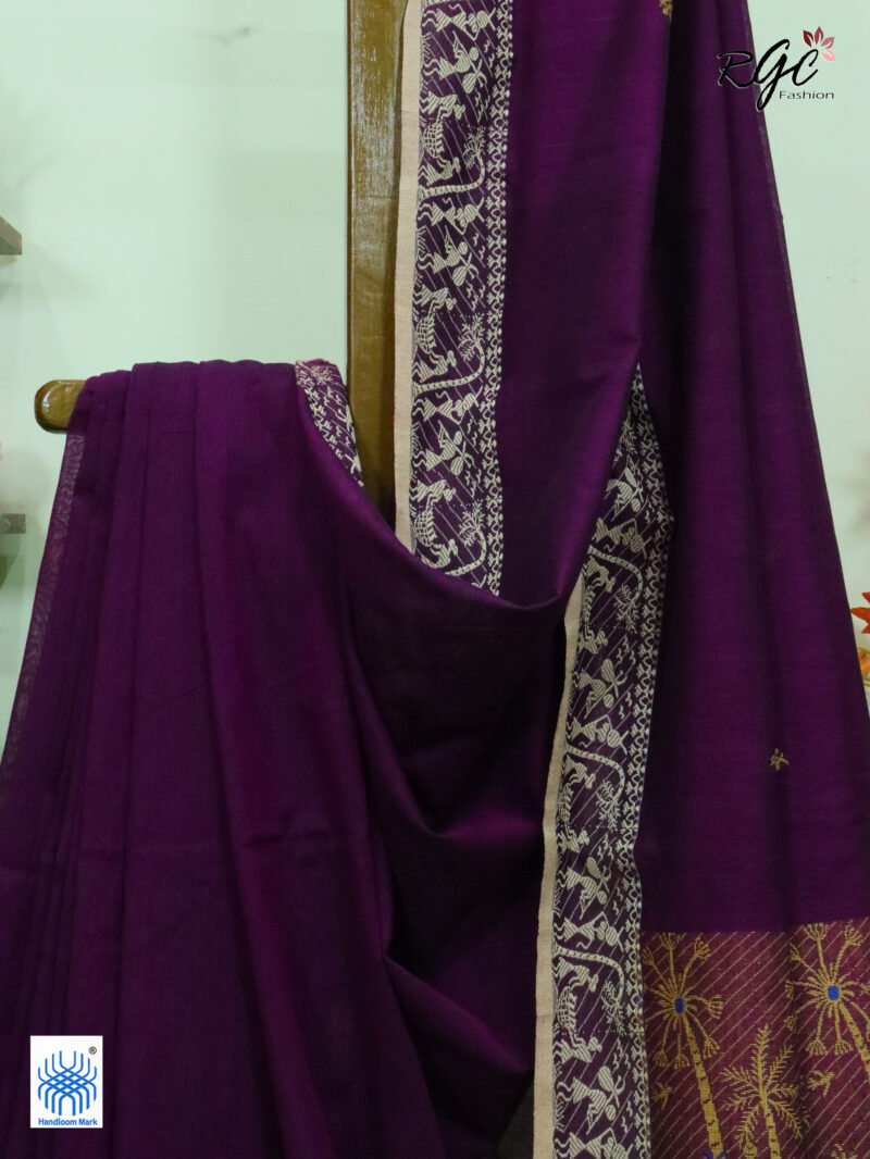 Wine Worli Tribal Handloom Khadi Cotton Jamdani Saree - Image 8