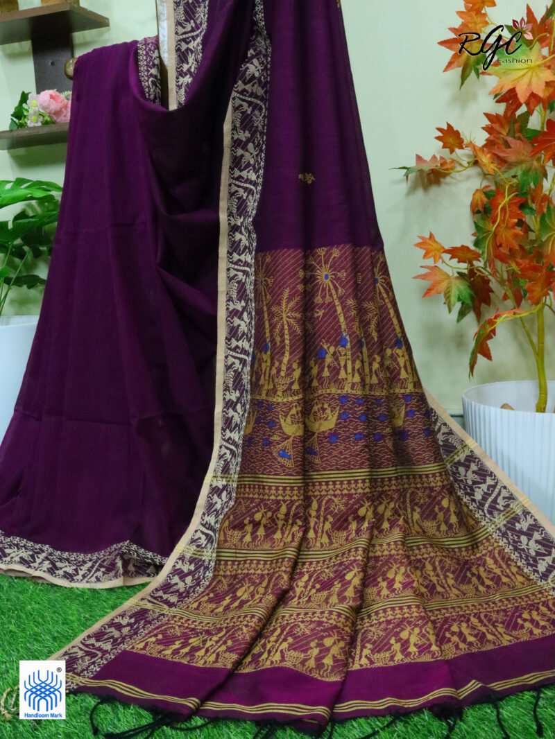 Wine Worli Tribal Handloom Khadi Cotton Jamdani Saree - Image 6