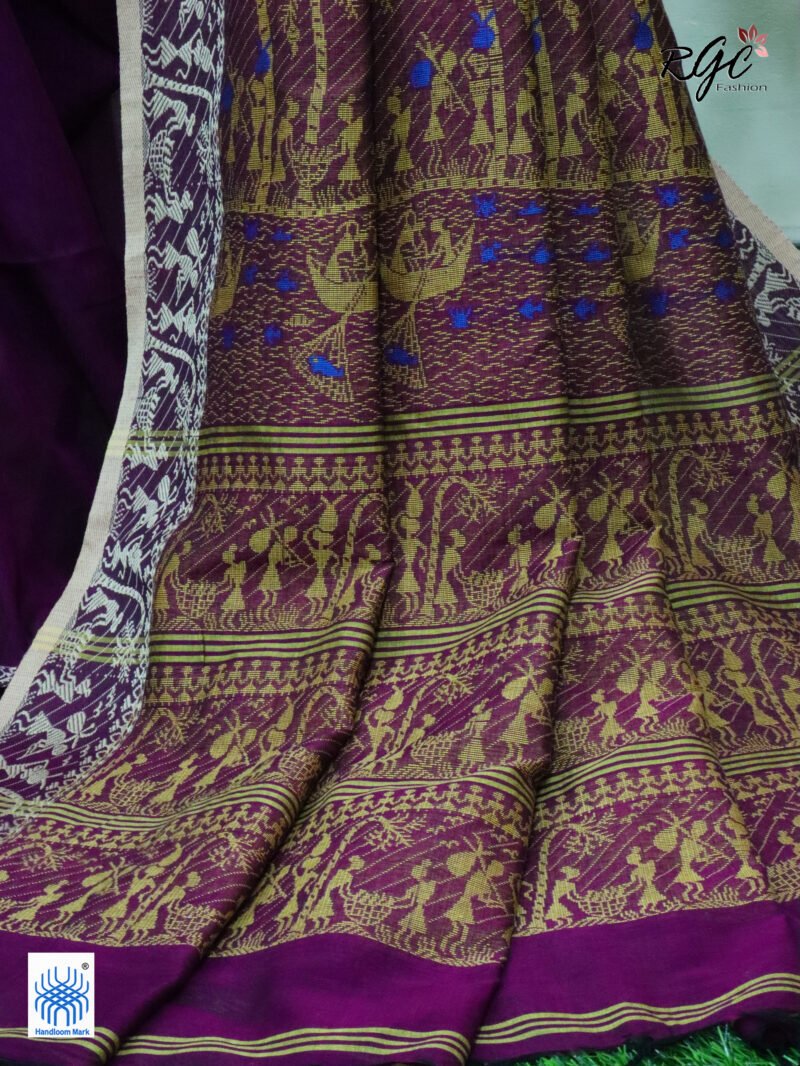Wine Worli Tribal Handloom Khadi Cotton Jamdani Saree - Image 7