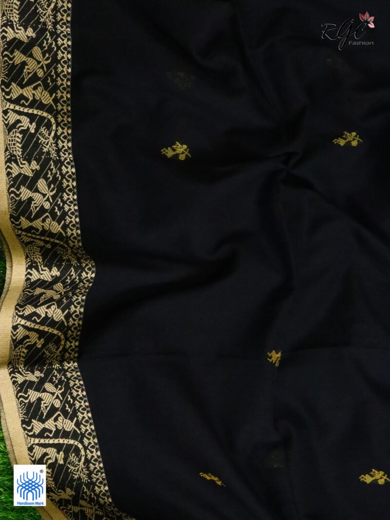 Black Worli Tribal Handloom Khadi Cotton Jamdani Saree - Image 2