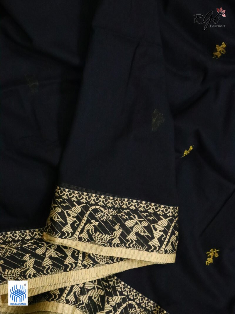 Black Worli Tribal Handloom Khadi Cotton Jamdani Saree - Image 3
