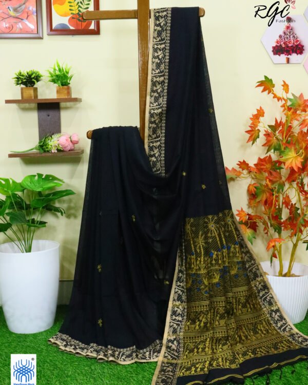 Black Worli Tribal Handloom Khadi Cotton Jamdani Saree