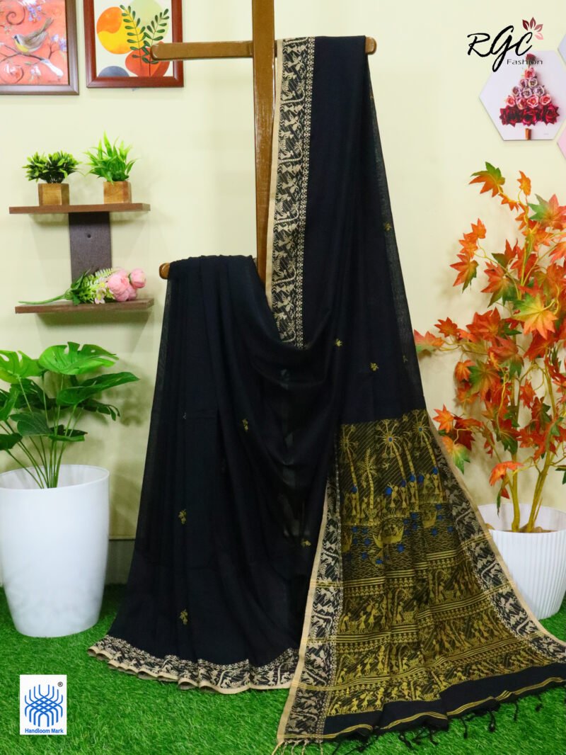 Black Worli Tribal Handloom Khadi Cotton Jamdani Saree