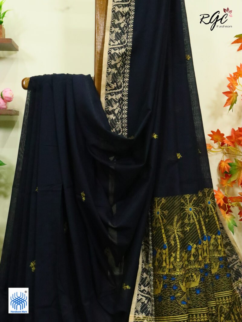Black Worli Tribal Handloom Khadi Cotton Jamdani Saree - Image 5