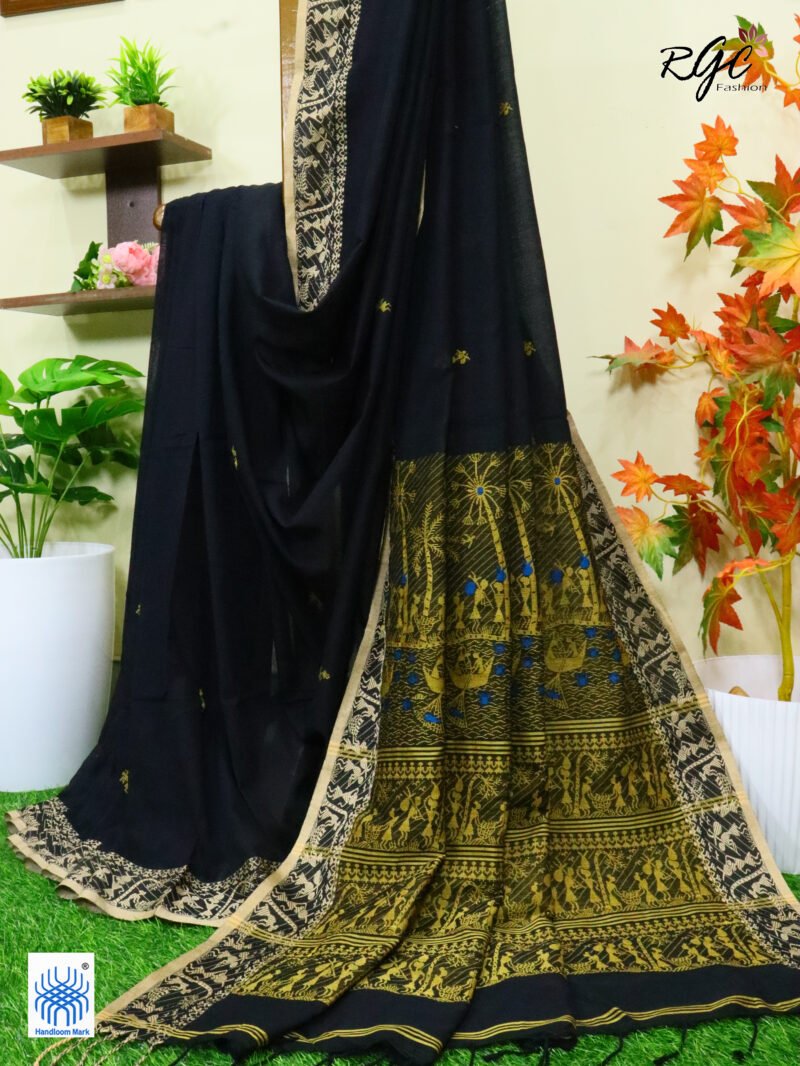 Black Worli Tribal Handloom Khadi Cotton Jamdani Saree - Image 6