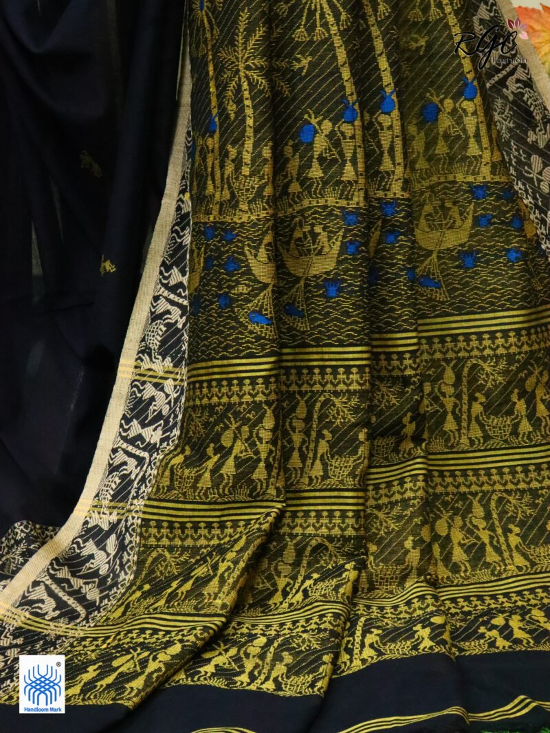 Black Worli Tribal Handloom Khadi Cotton Jamdani Saree - Image 7
