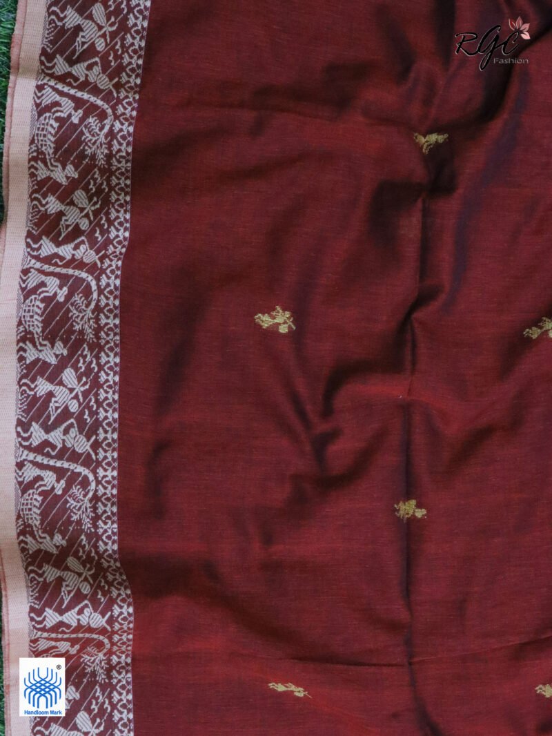 Maroon Worli Tribal Handloom Khadi Cotton Jamdani Saree - Image 2