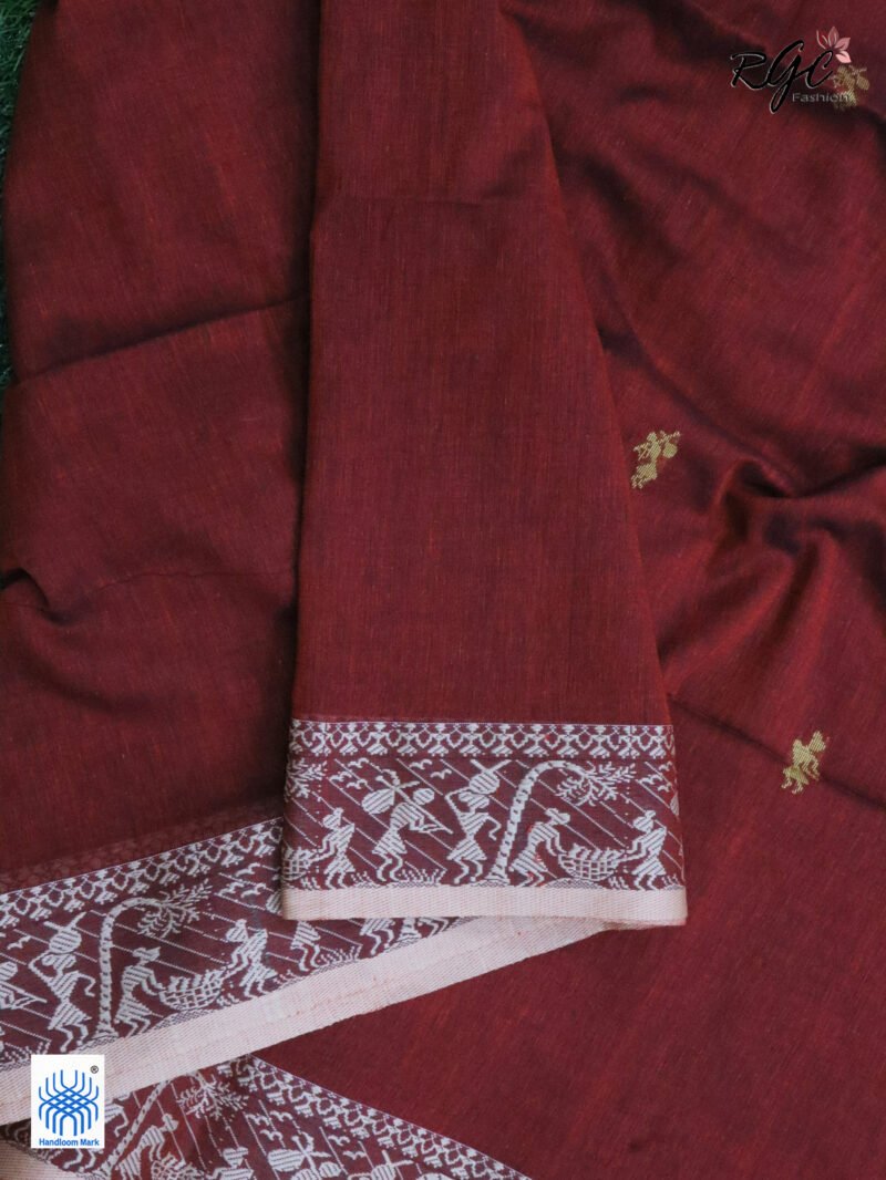 Maroon Worli Tribal Handloom Khadi Cotton Jamdani Saree - Image 3