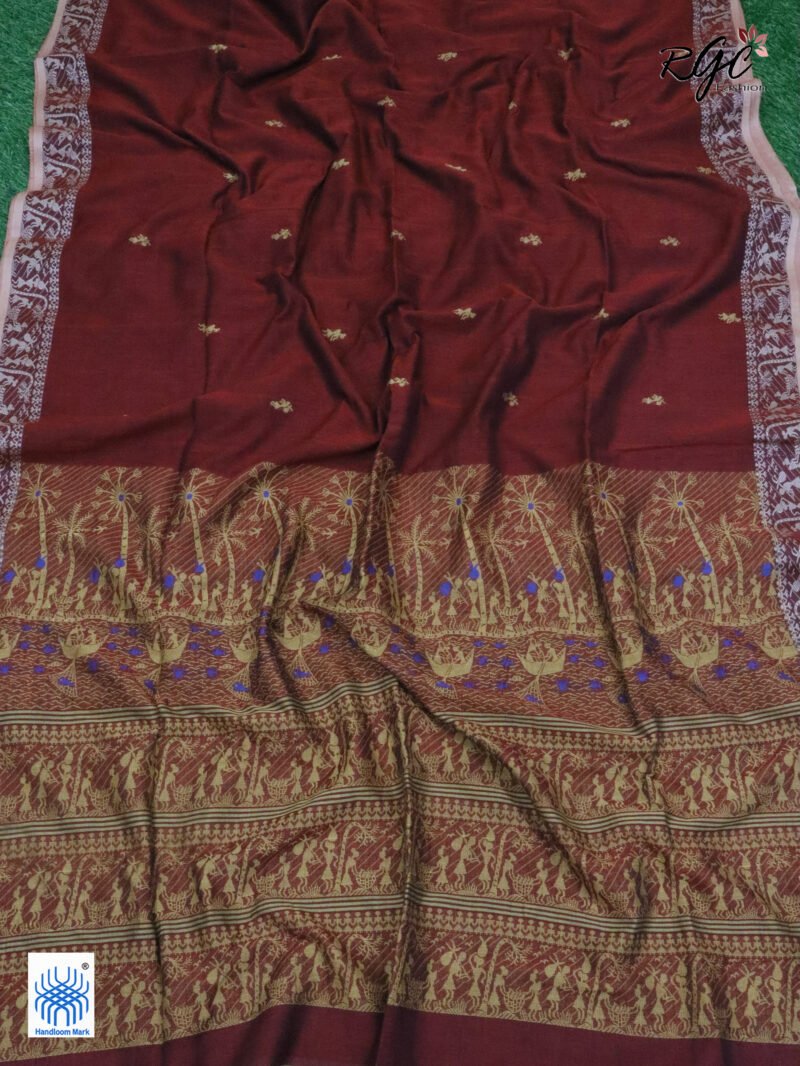 Maroon Worli Tribal Handloom Khadi Cotton Jamdani Saree - Image 4