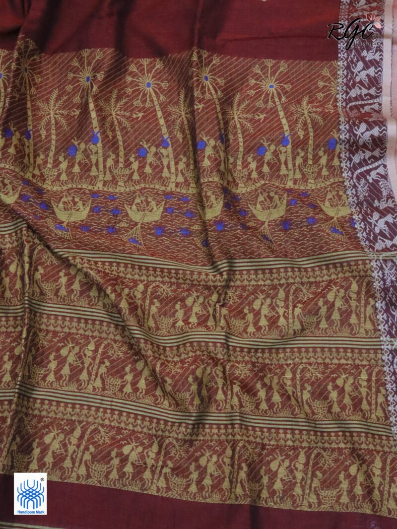 Maroon Worli Tribal Handloom Khadi Cotton Jamdani Saree - Image 5