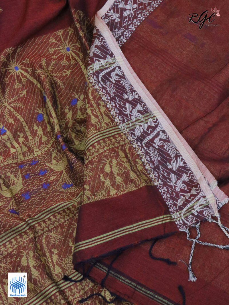 Maroon Worli Tribal Handloom Khadi Cotton Jamdani Saree - Image 6