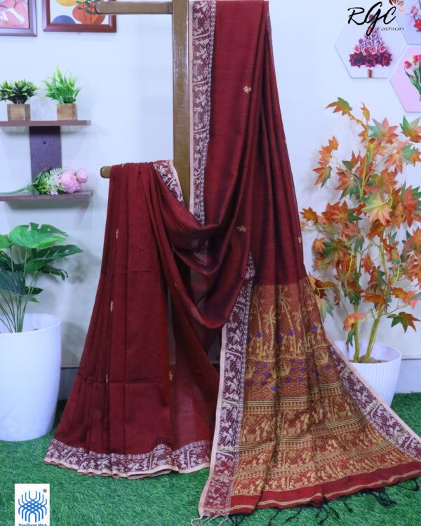 Maroon Worli Tribal Handloom Khadi Cotton Jamdani Saree