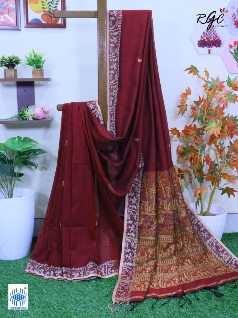 Maroon Worli Tribal Handloom Khadi Cotton Jamdani Saree