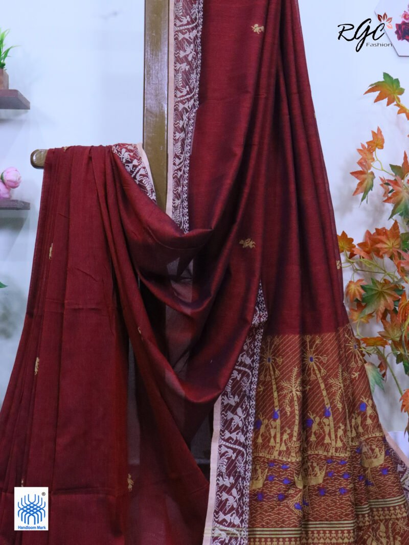 Maroon Worli Tribal Handloom Khadi Cotton Jamdani Saree - Image 9