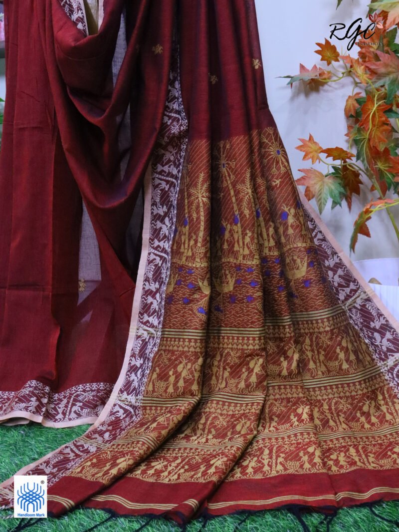 Maroon Worli Tribal Handloom Khadi Cotton Jamdani Saree - Image 7