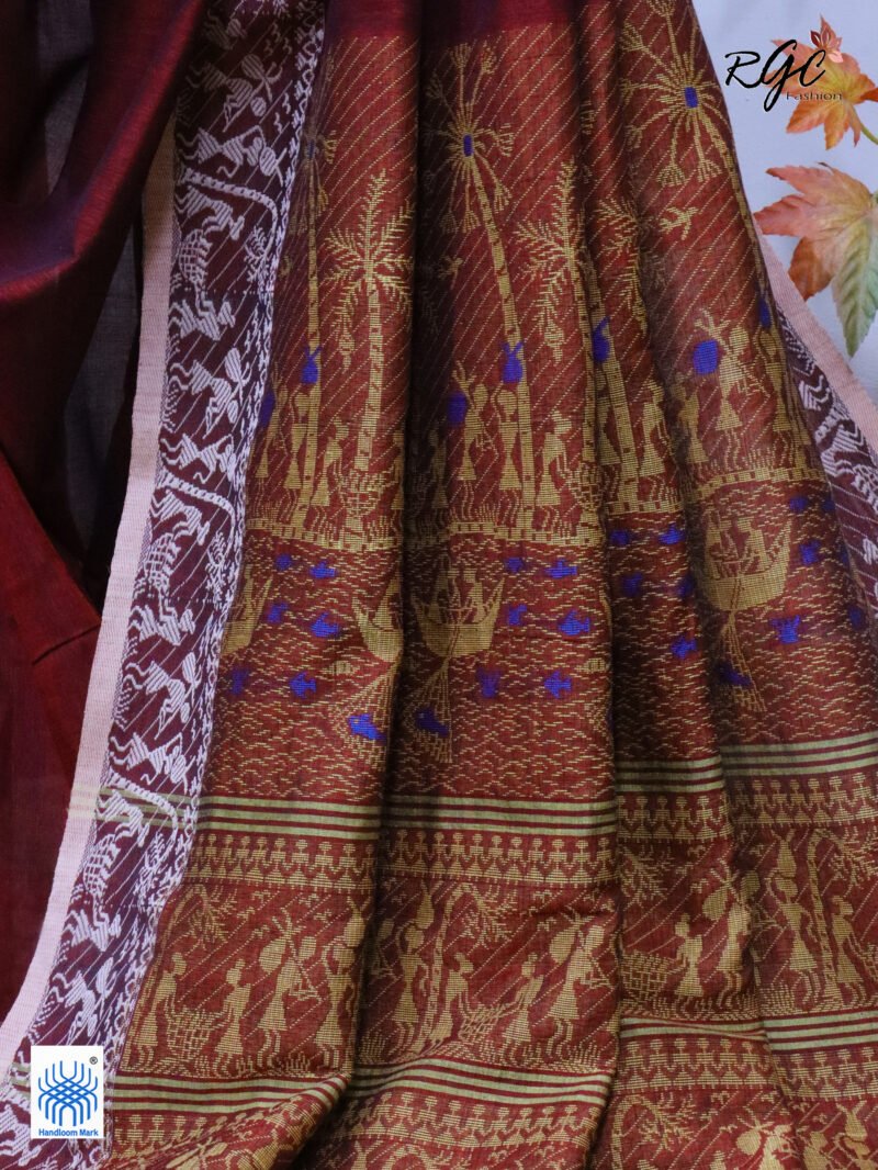 Maroon Worli Tribal Handloom Khadi Cotton Jamdani Saree - Image 8