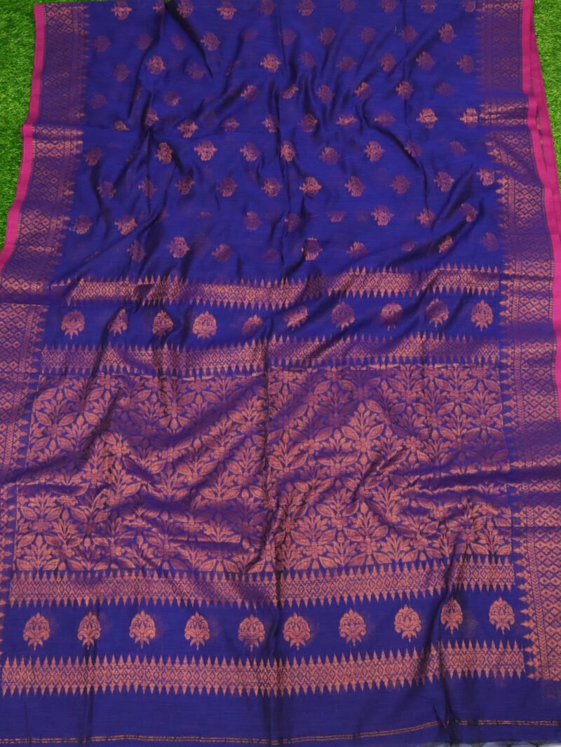 Blue Copper Zari Cotton Silk Jamdani Saree - Image 2