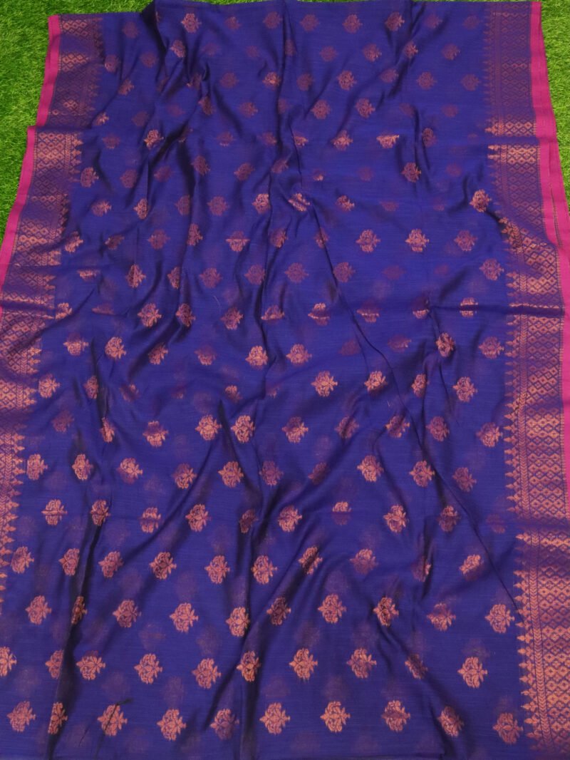 Blue Copper Zari Cotton Silk Jamdani Saree - Image 3