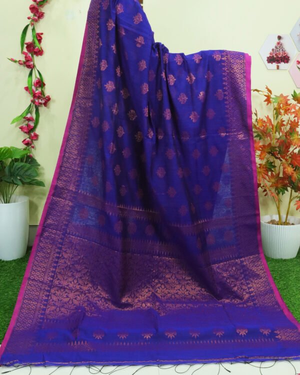Blue Copper Zari Cotton Silk Jamdani Saree