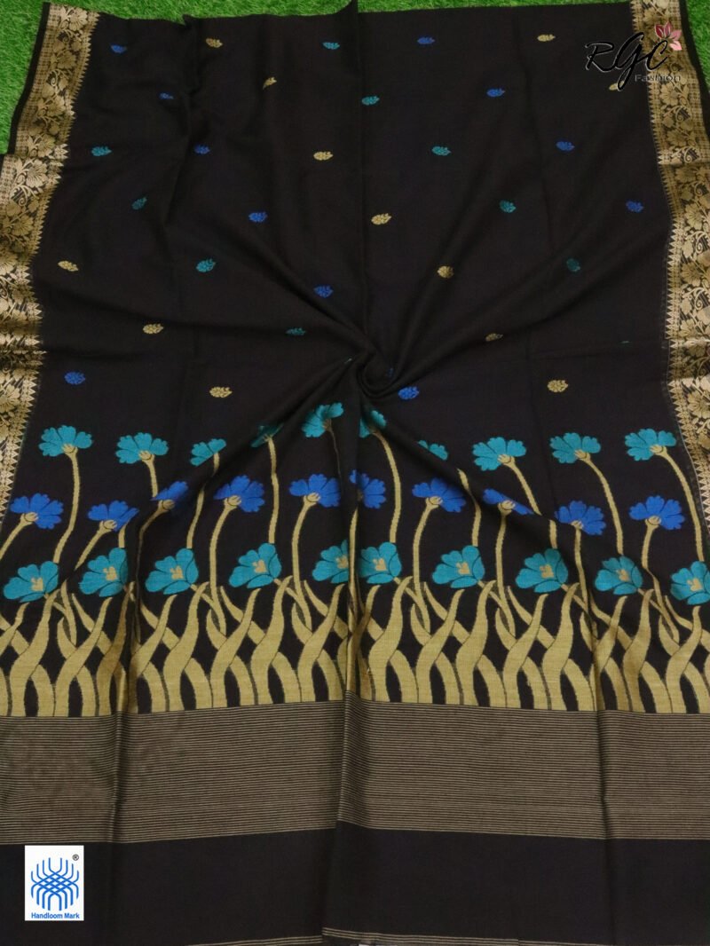 Black Handloom Khadi Cotton Floral Jamdani Saree - Image 5