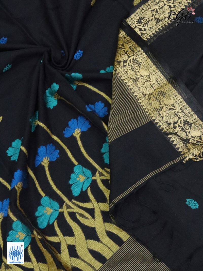 Black Handloom Khadi Cotton Floral Jamdani Saree - Image 4