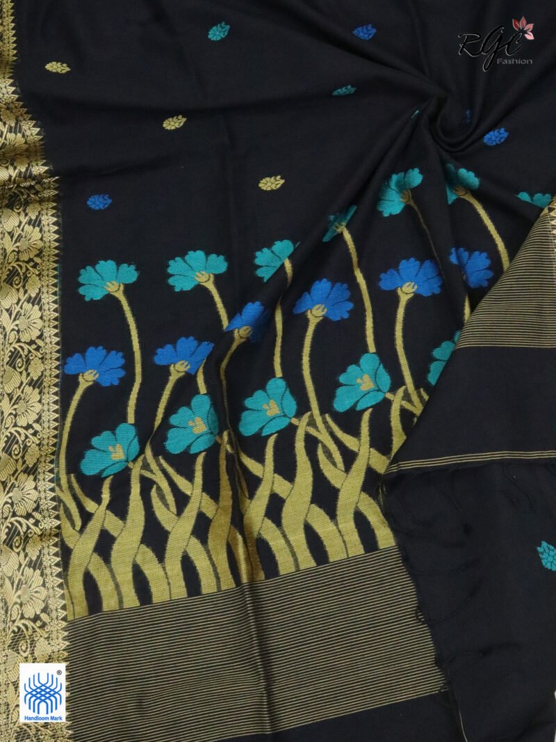 Black Handloom Khadi Cotton Floral Jamdani Saree - Image 3