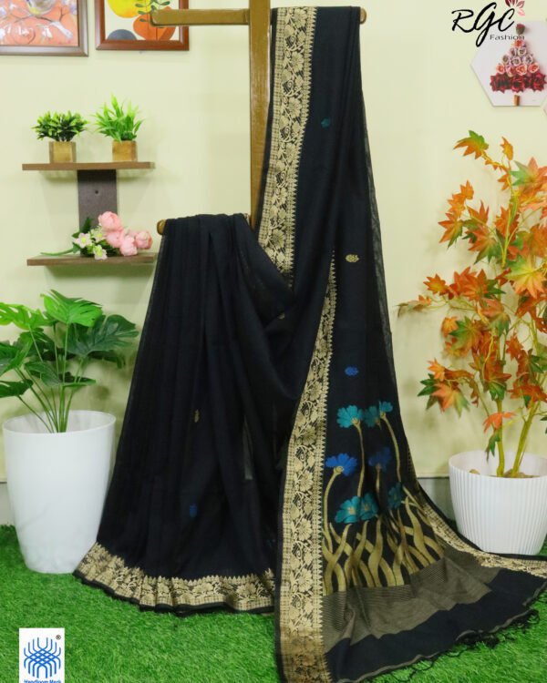 Black Handloom Khadi Cotton Floral Jamdani Saree