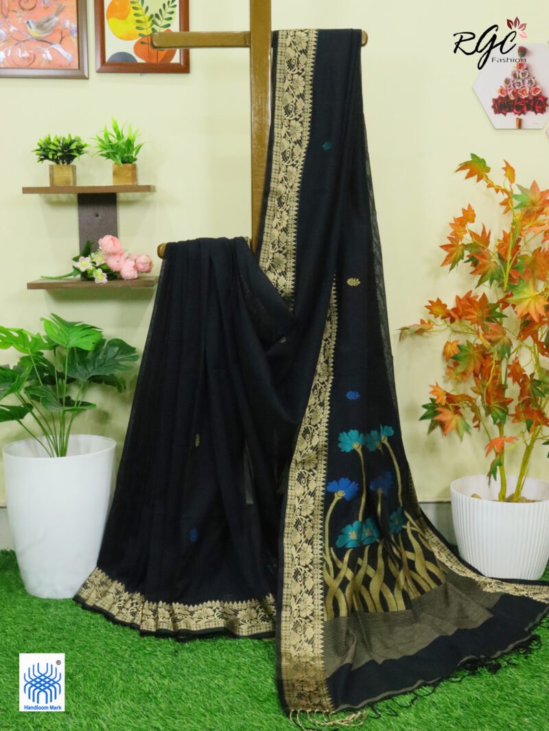 Black Handloom Khadi Cotton Floral Jamdani Saree