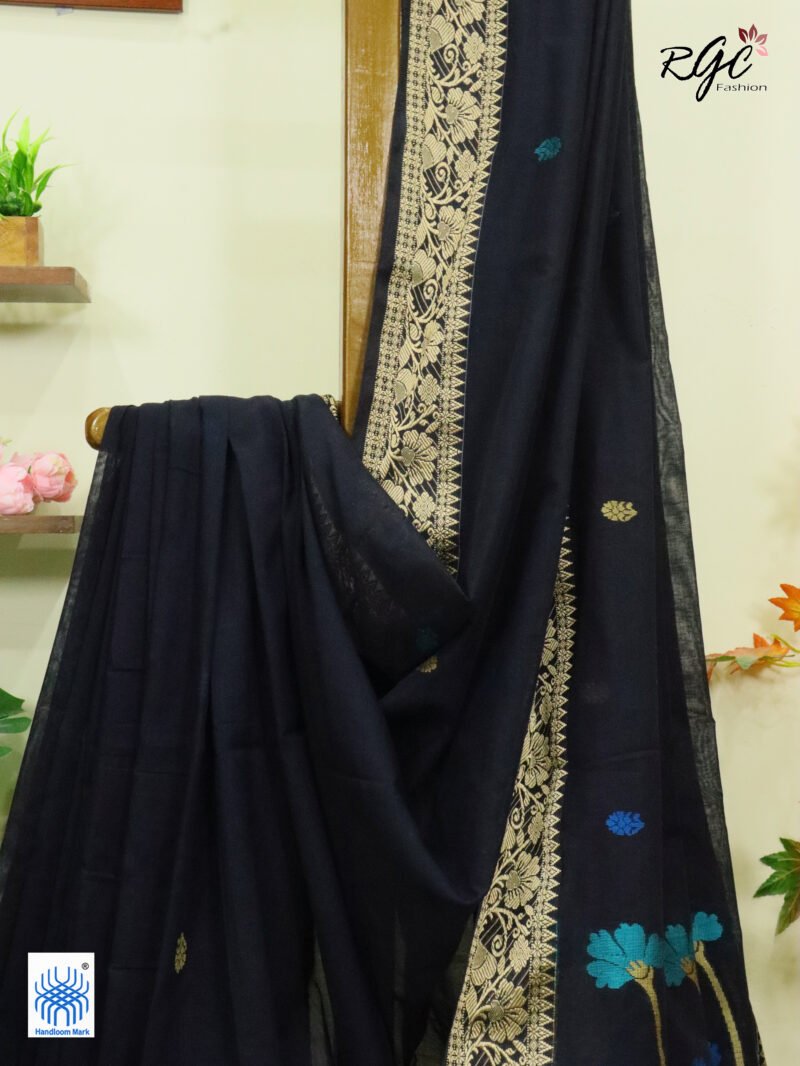 Black Handloom Khadi Cotton Floral Jamdani Saree - Image 8