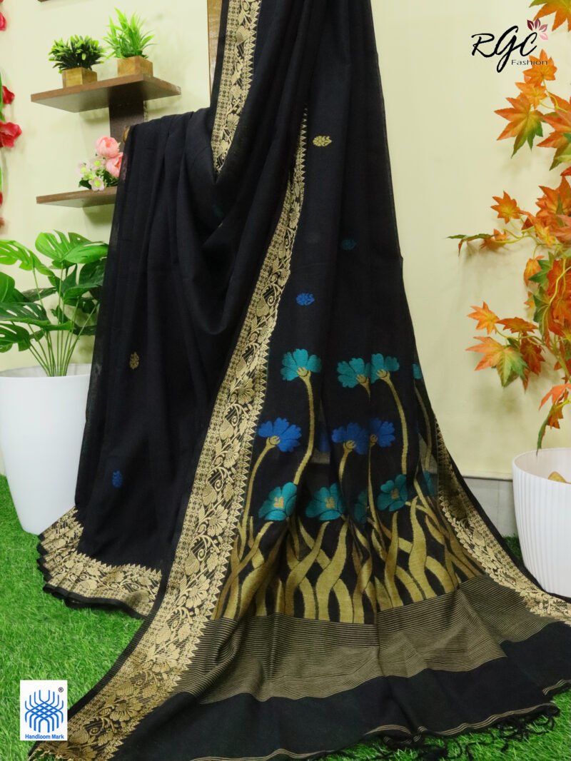 Black Handloom Khadi Cotton Floral Jamdani Saree - Image 6
