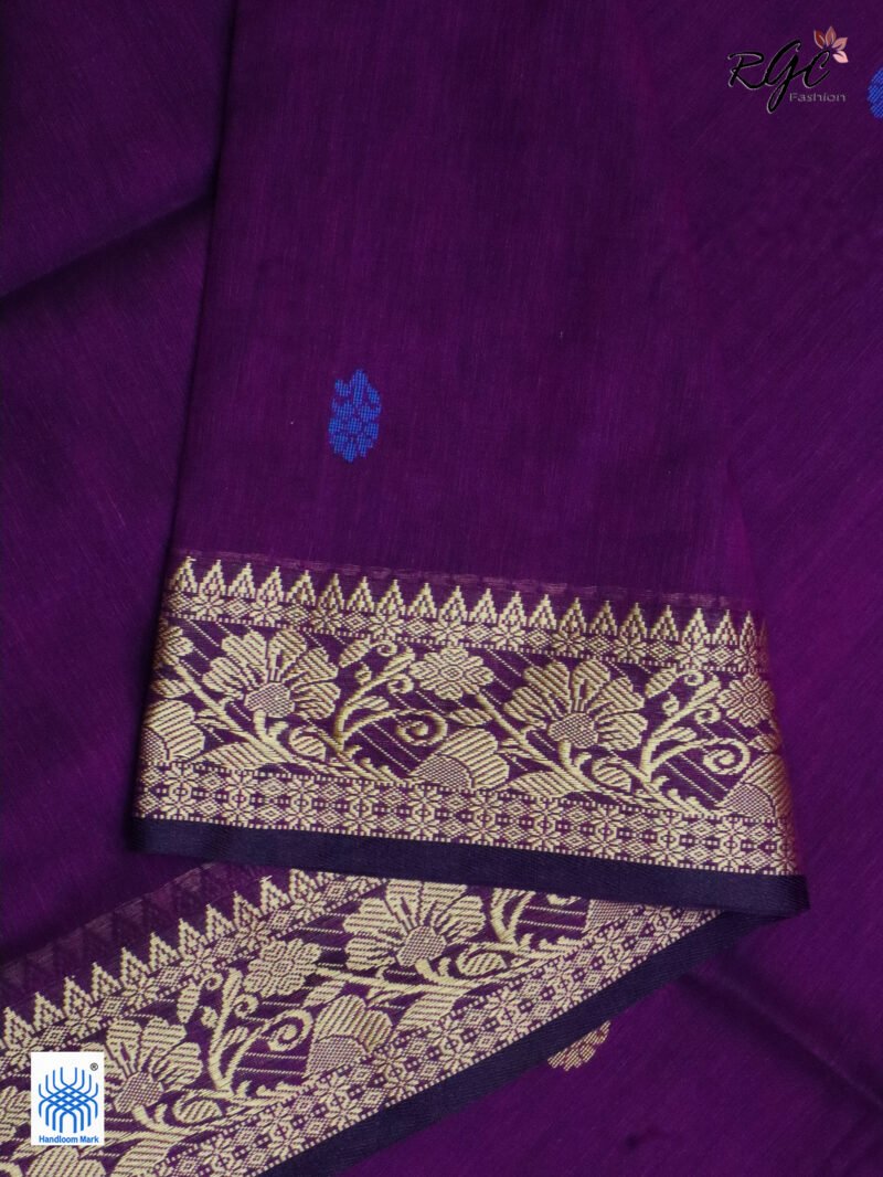 Purple Handloom Khadi Cotton Floral Jamdani Saree - Image 6