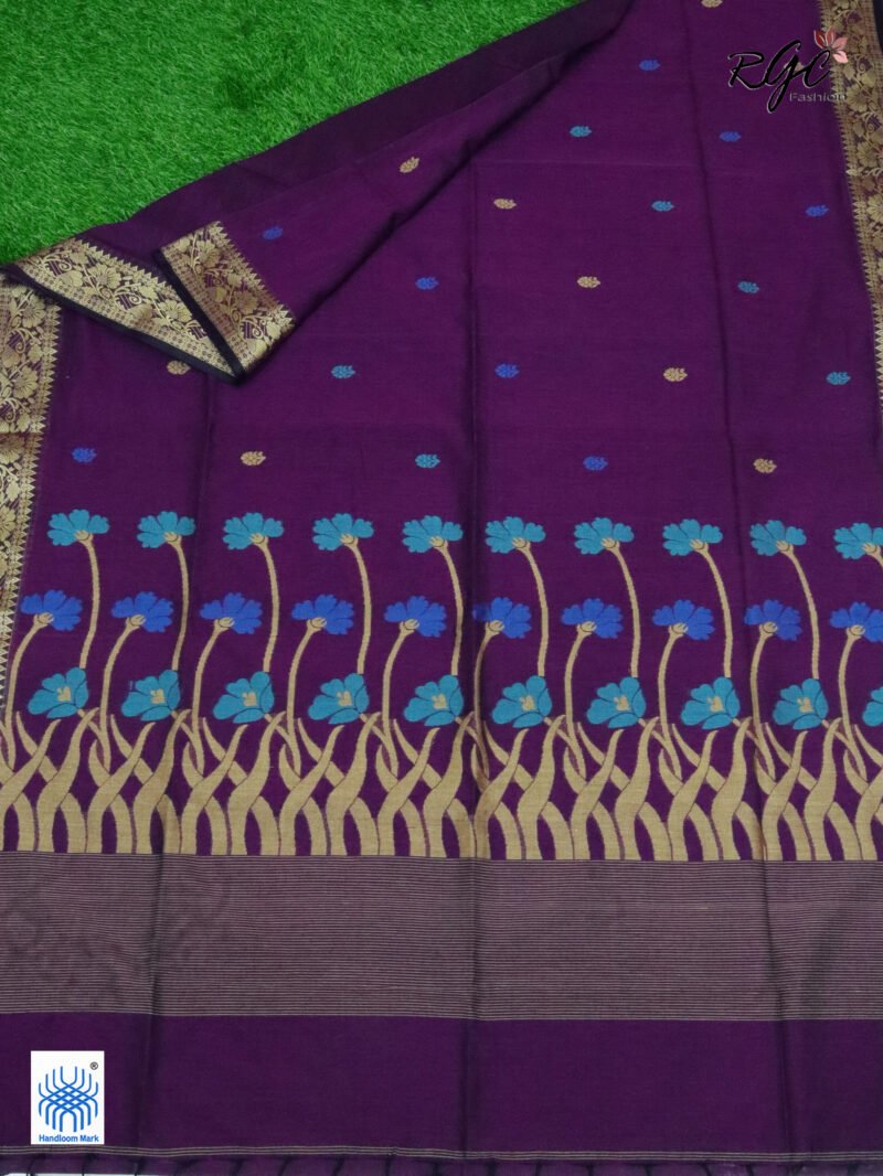 Purple Handloom Khadi Cotton Floral Jamdani Saree - Image 5