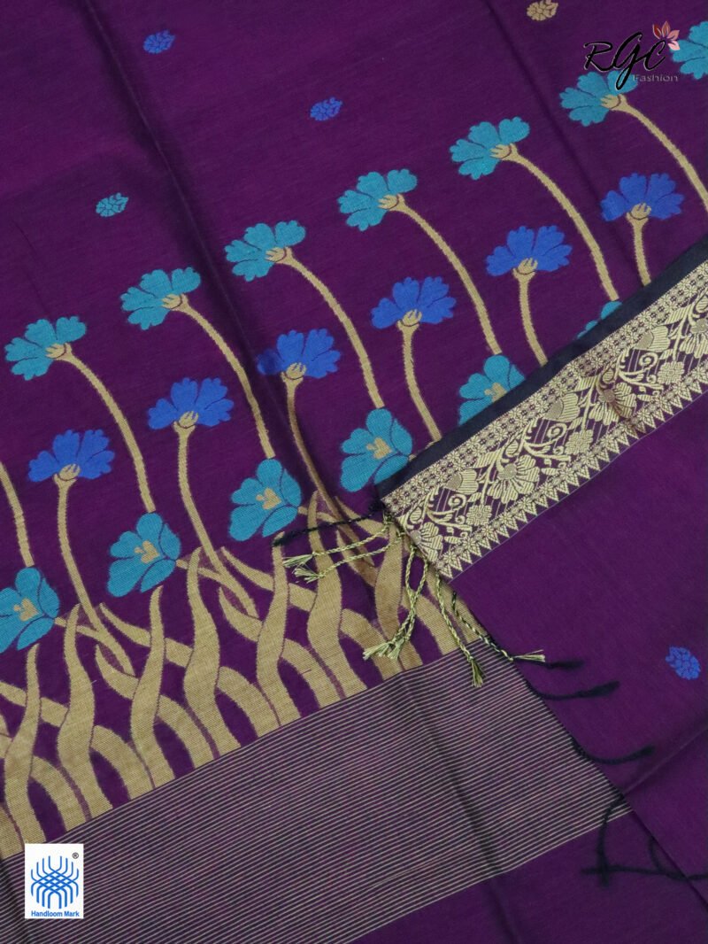 Purple Handloom Khadi Cotton Floral Jamdani Saree - Image 4