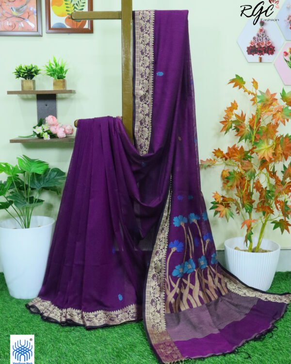 Purple Handloom Khadi Cotton Floral Jamdani Saree