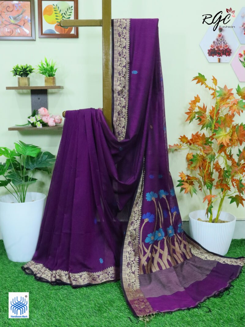 Purple Handloom Khadi Cotton Floral Jamdani Saree