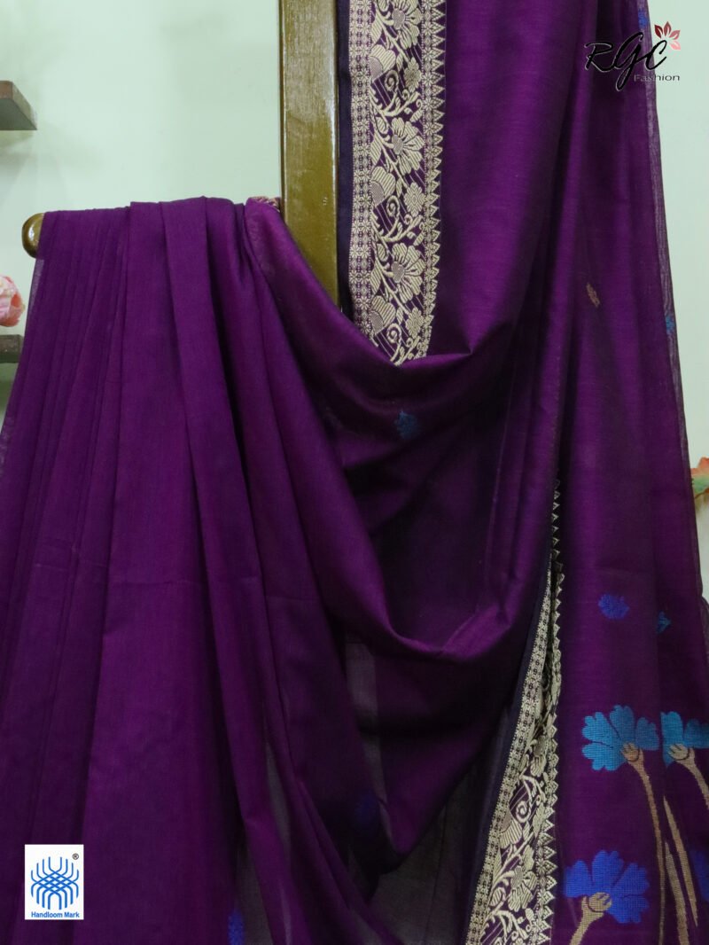 Purple Handloom Khadi Cotton Floral Jamdani Saree - Image 3